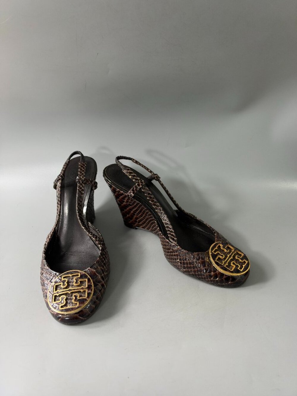 Tory Burch Sophie Snakeskin-embossed Brown Leather Wedges, Size 9 M